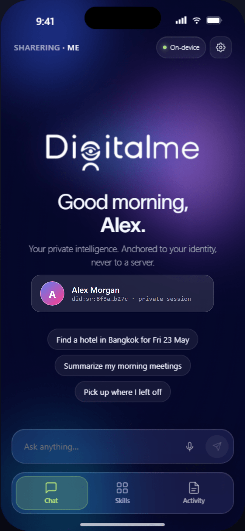 Digital Me private AI assistant greeting screen