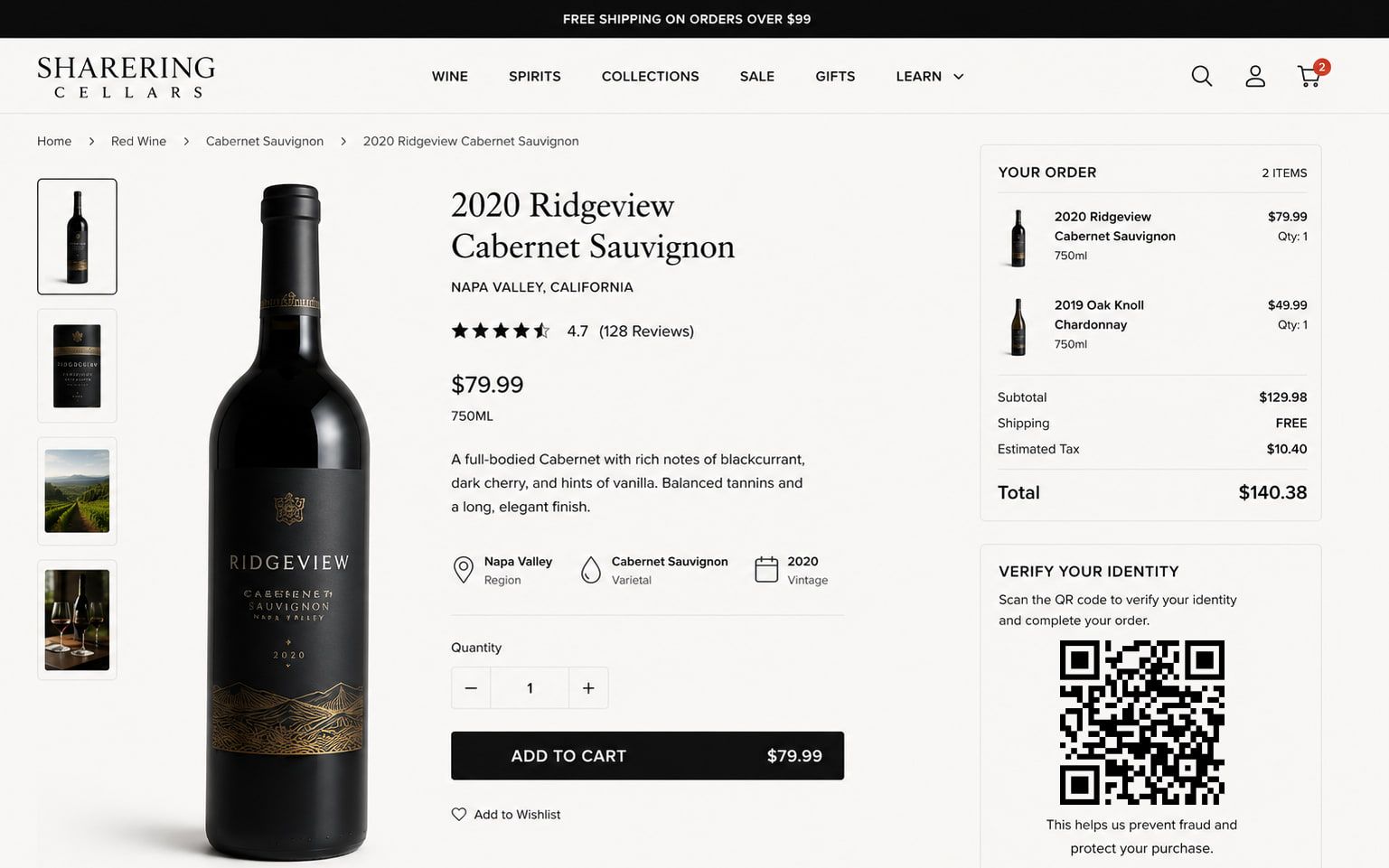 A wine shop product page for a 2020 Ridgeview Cabernet Sauvignon. Beside the order summary an embedded panel headed Verify your identity asks the shopper to scan a QR code to verify their identity and complete the order, without leaving the page.