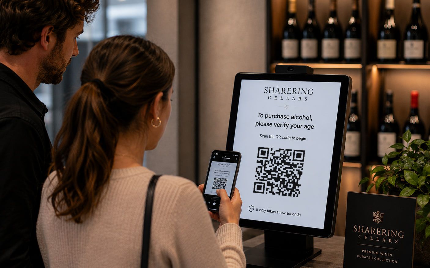 Two customers at a wine shop counter. One holds a phone up to a countertop kiosk whose screen reads: to purchase alcohol, please verify your age, scan the QR code to begin, it only takes a few seconds.
