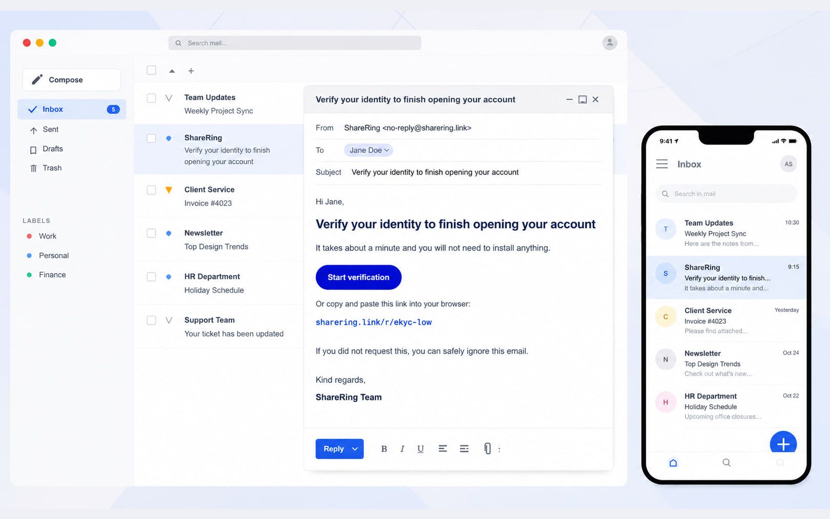 An email inbox on a laptop and a phone. The open message is from ShareRing, subject Verify your identity to finish opening your account. It reads: it takes about a minute and you will not need to install anything, above a Start verification button and the link sharering.link/r/ekyc-low.