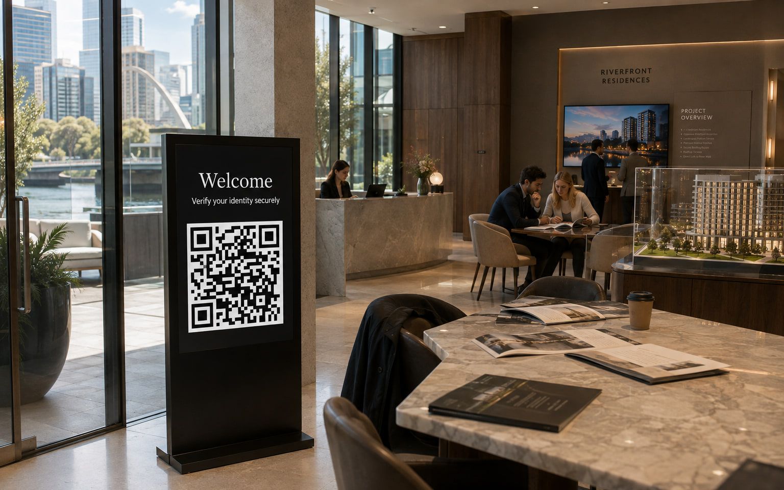 A property sales suite with a floor standing display reading Welcome, verify your identity securely, above a QR code