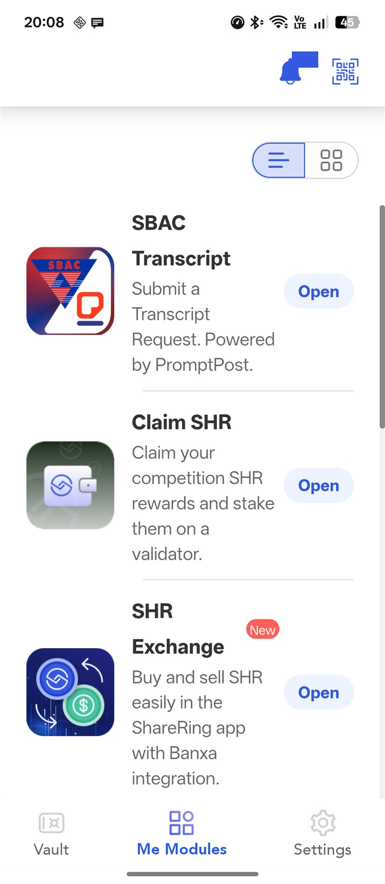 The Me Modules screen inside ShareRing Me, listing SBAC Transcript, Claim SHR and SHR Exchange.