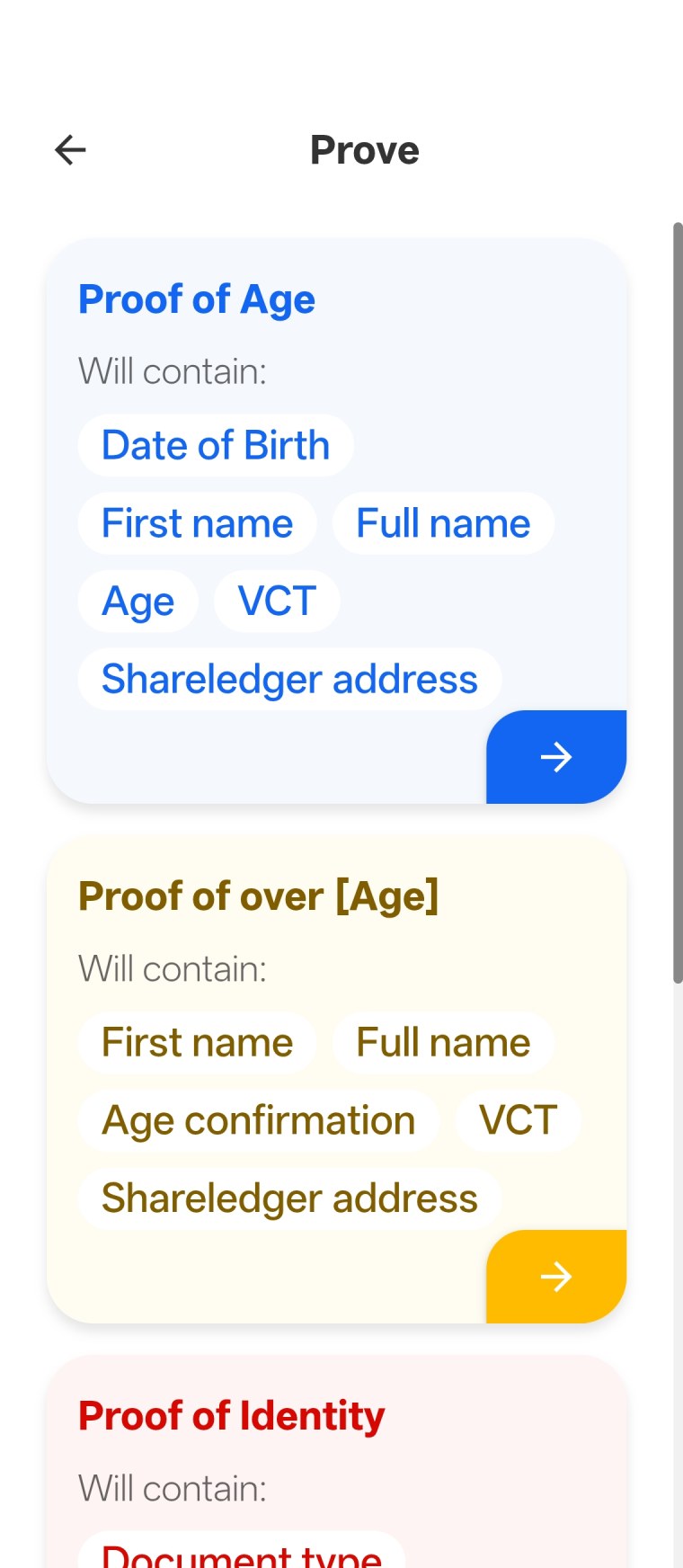 The Prove screen inside ShareRing Me, listing scenario proofs. Proof of Age and Proof of Identity each show the fields that proof will contain.