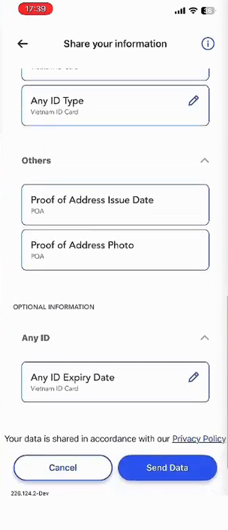 The ShareRing Me consent screen, listing each field a business has requested with Cancel and Send Data.