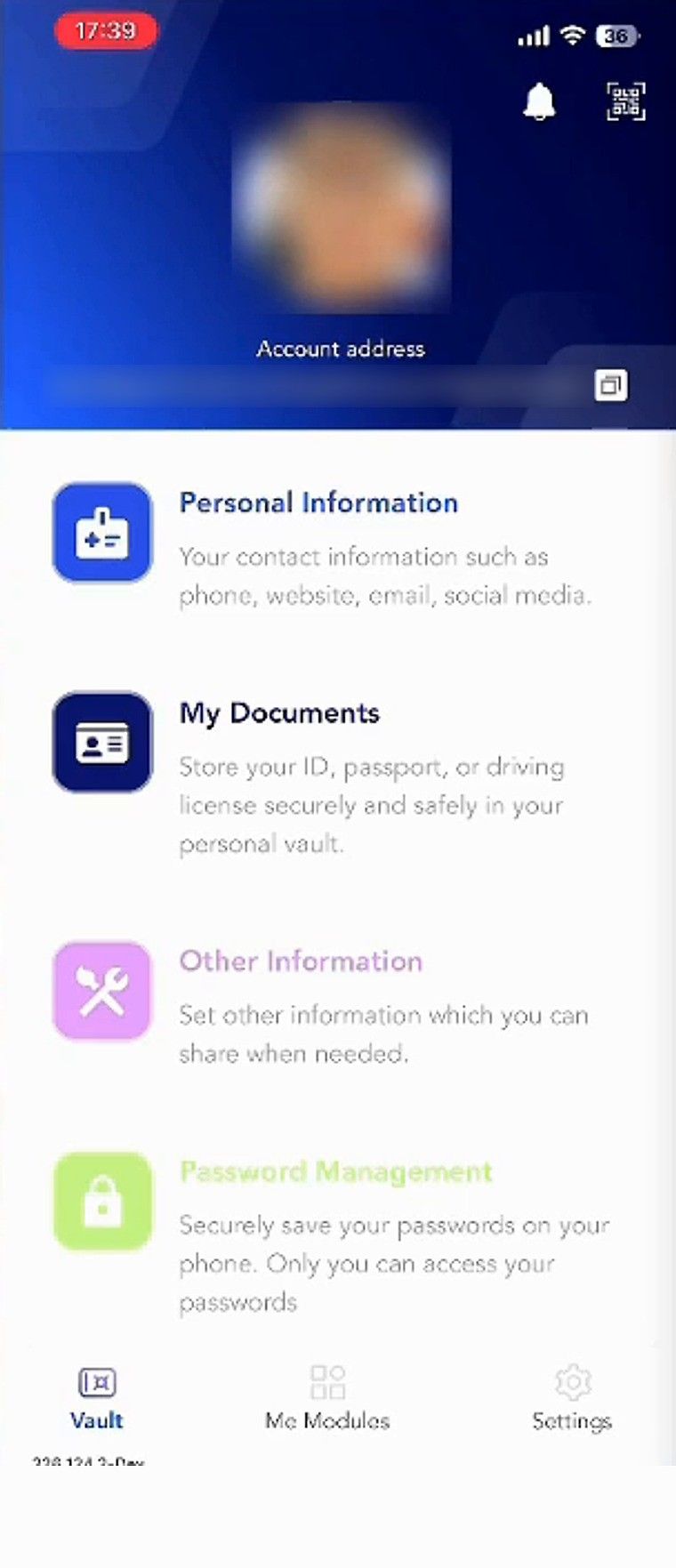 The ShareRing Me vault home screen, showing Personal Information, My Documents and Other Information.