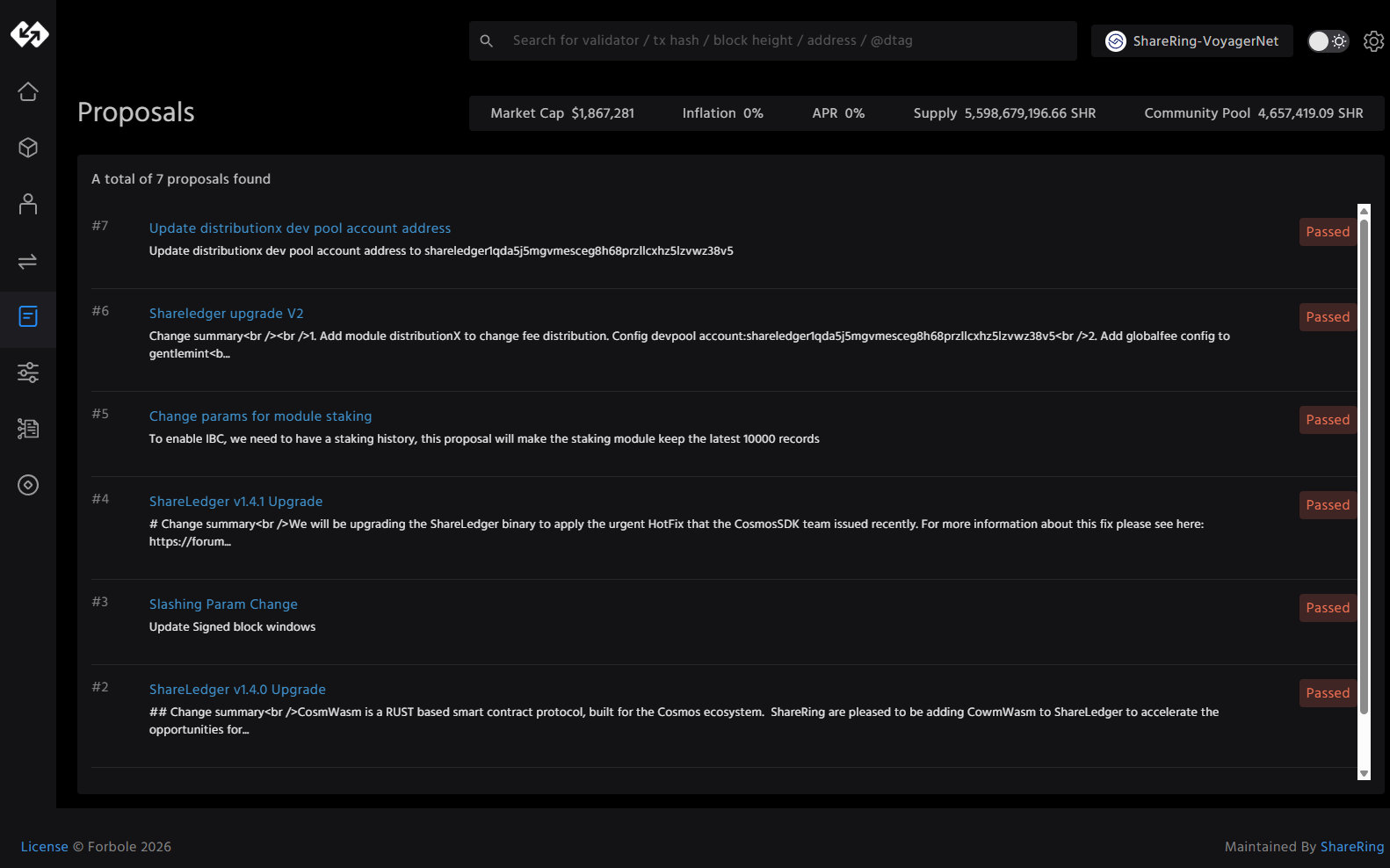 The explorer's proposals page, listing seven governance proposals, all with a passed status.
