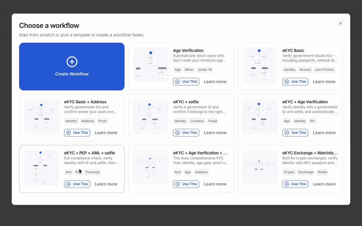 The ShareRing Link workflow chooser, offering eKYC, age verification and AML templates.