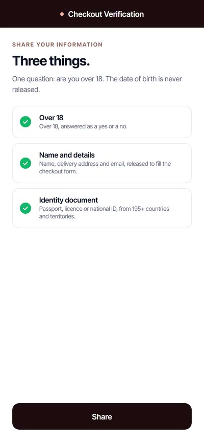 A shopper’s phone listing three things at the checkout, asking only whether they are over 18 and never releasing the date of birth.