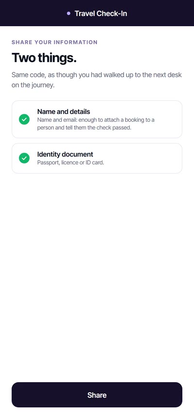 A traveller’s phone listing two things at the desk: name and details, and one identity document.