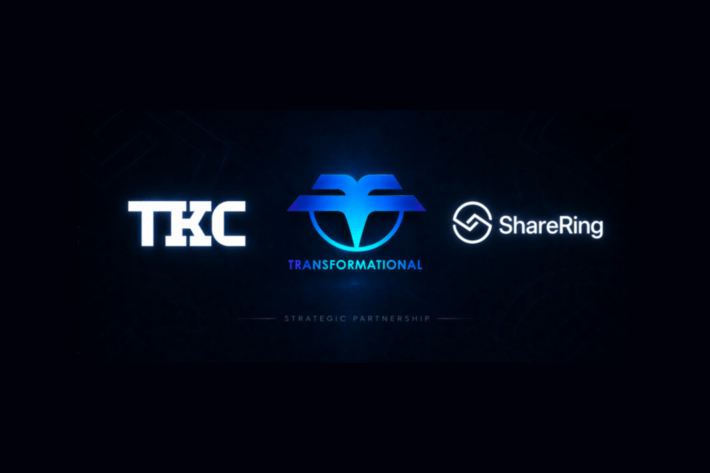 Logos of TKC, Transformational and ShareRing on a dark background, marking their strategic partnership