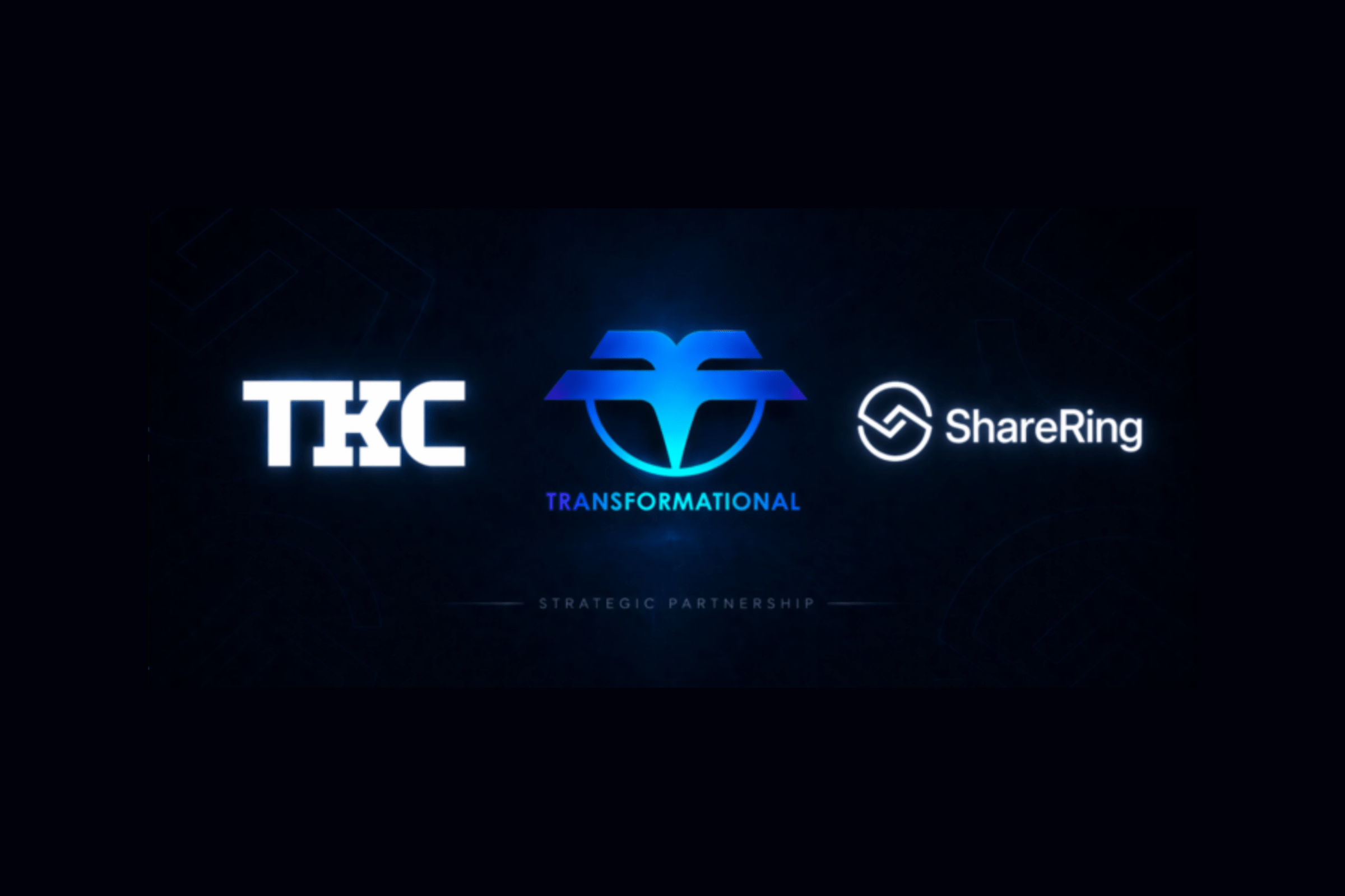 Logos of TKC, Transformational and ShareRing on a dark background, marking their strategic partnership