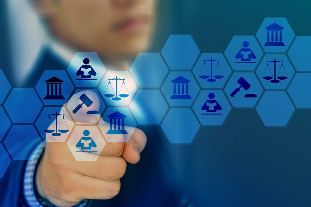 Businessperson touching a hexagonal AML compliance interface with icons for courthouse, scales of justice, gavel, and identity, illustrating AUSTRAC Tranche 2 anti-money laundering and KYC obligations for Australian professional services firms