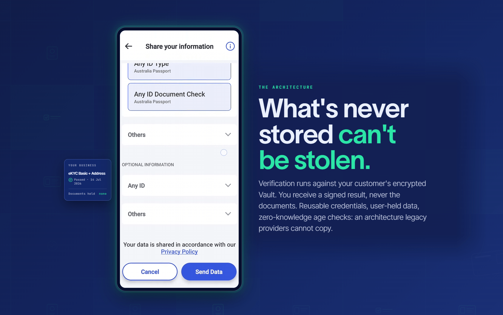 Verification running against the customer encrypted Vault so identity documents are never stored