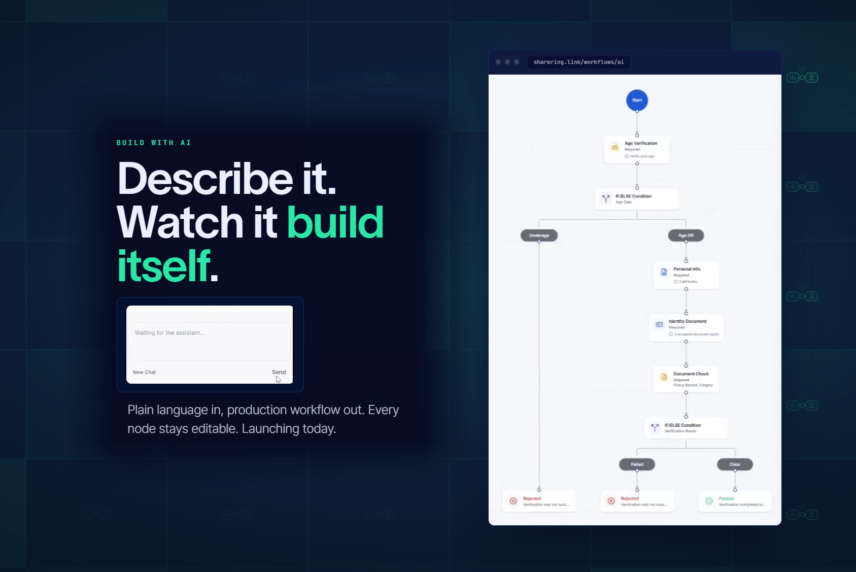 Describing a KYC check in plain English while the no-code identity verification workflow builds itself