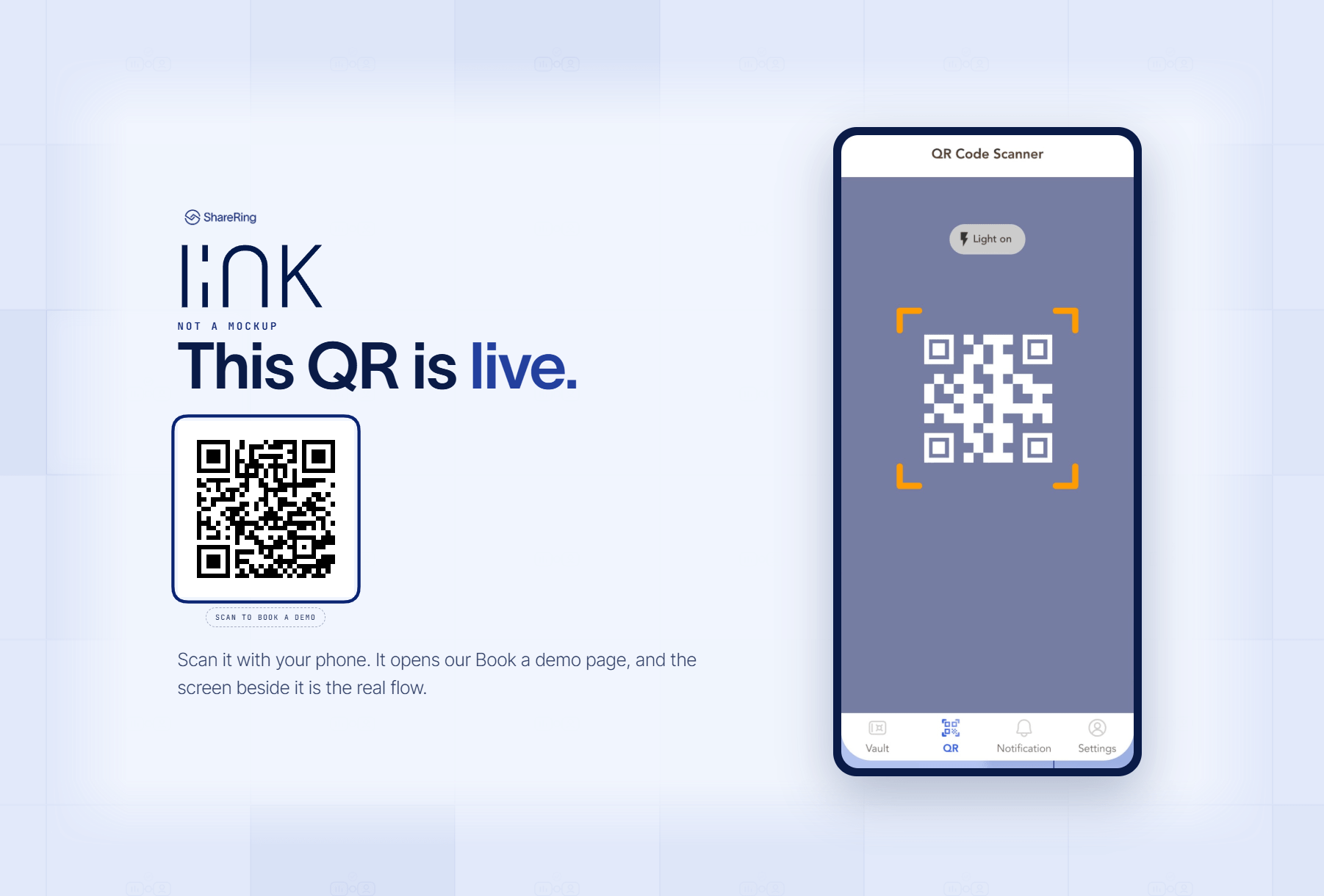 The live QR code on the ShareRing Link page opening a real verification flow